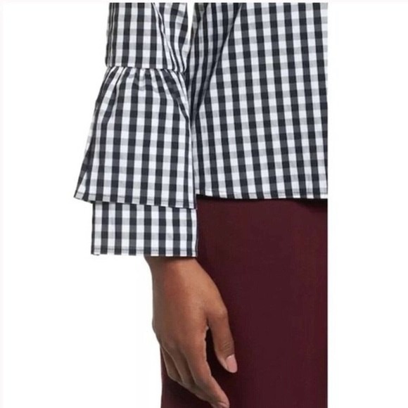 Halogen Nordstrom Gingham Long Bell Sleeves Poplin Top Stretchy Blouse S Small - Picture 4 of 9
